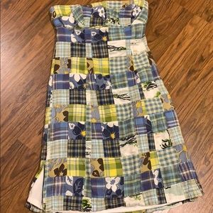 Blue and green plaid strapless dress